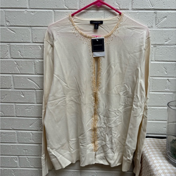 Land’s End NWT women’s cotton cream cardigan with gold beads. Size xl - Picture 1 of 6